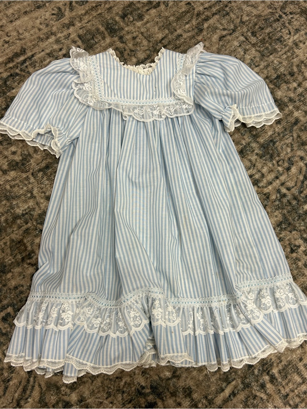 Vintage Blue Striped Lace-Trim Kids Pajama Dress